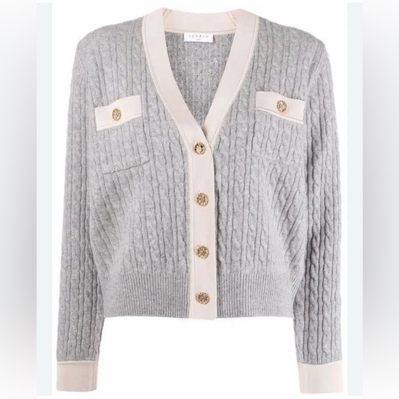 Sandro Cable Knit Crop Preppy Coastal Grandma Old Money Cardigan Sweater Large - Picture 1 of 11